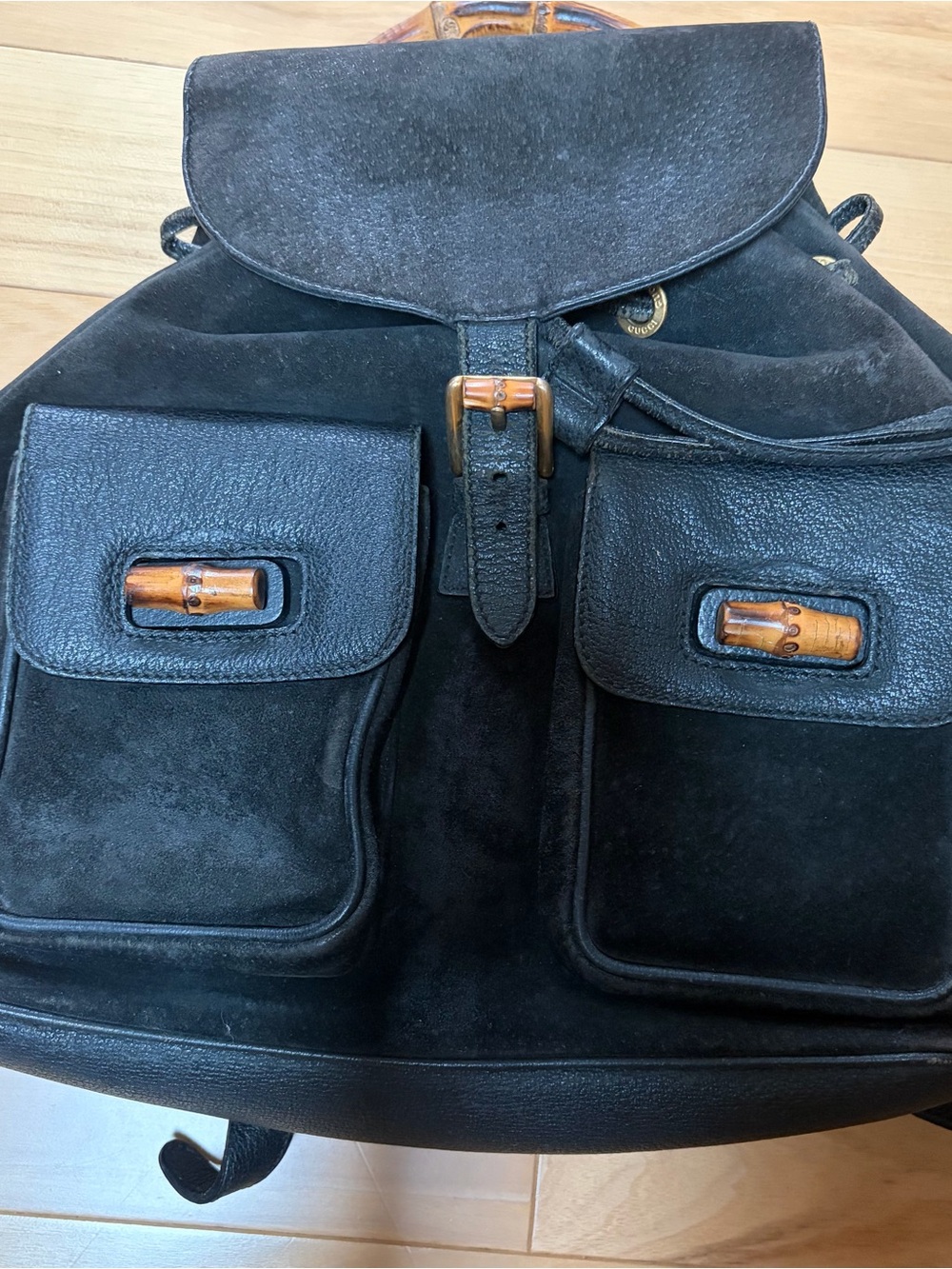Gucci Black Suede & Leather Backpack with Bamboo Accents